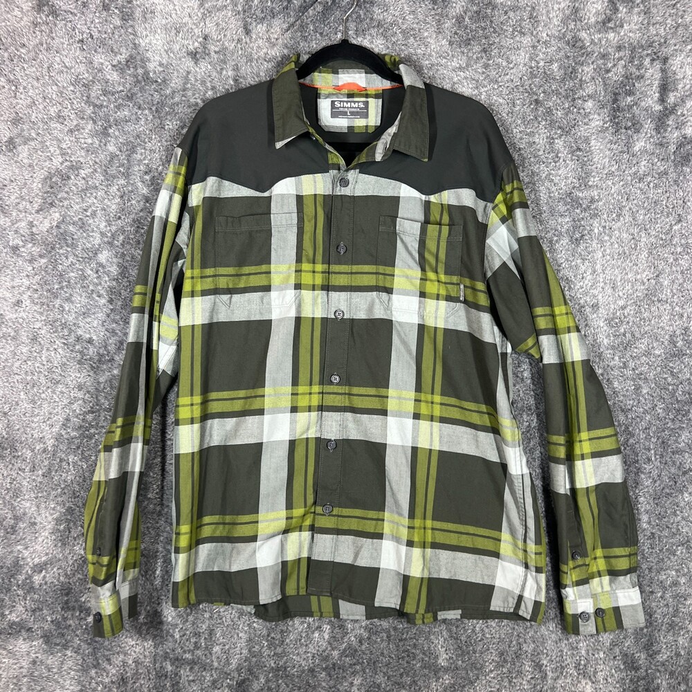 Simms Shirt Mens Large Green Paid Outdoors Fishing Casual Lightweight Polyester